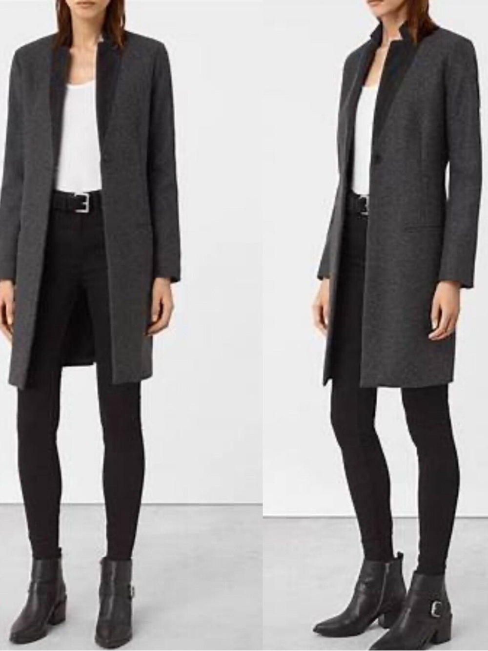 All Saints Charcoal Gray Trench Coat with Dark Collar